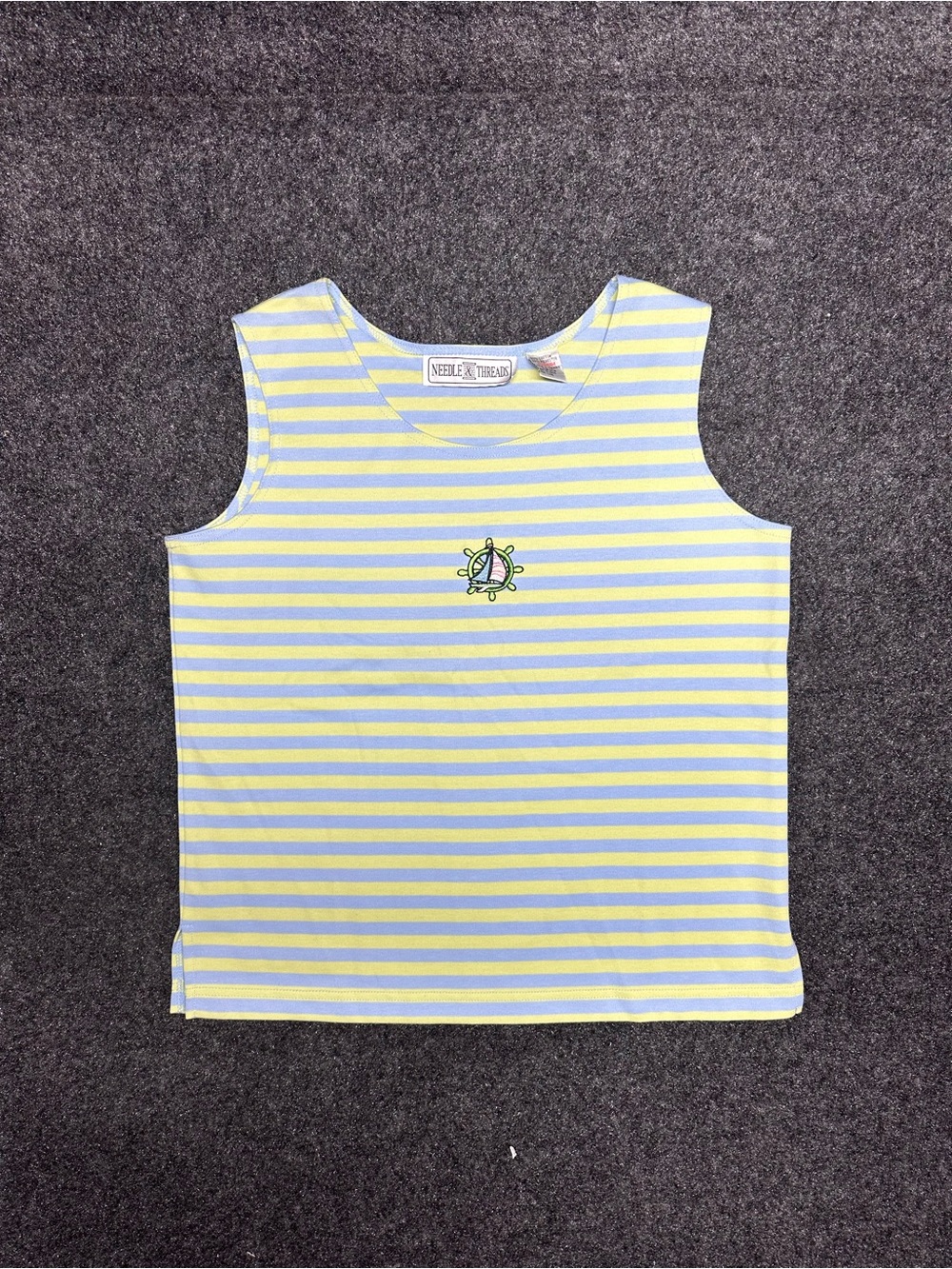 Vintage Needle & Threads Tank Top Medium Blue Yellow Striped Sailboat Nautical